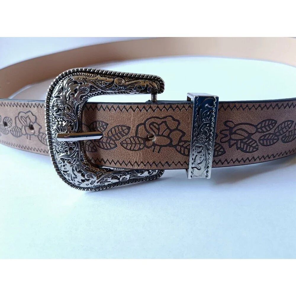 Western Floral Belt Genuine Leather Women's Size 42 Brown Silver Buckle